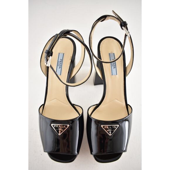 Prada 115 Black Patent Leather Platform Sandal Ankle Strap Block Heel Pump 40 - Picture 10 of 16
